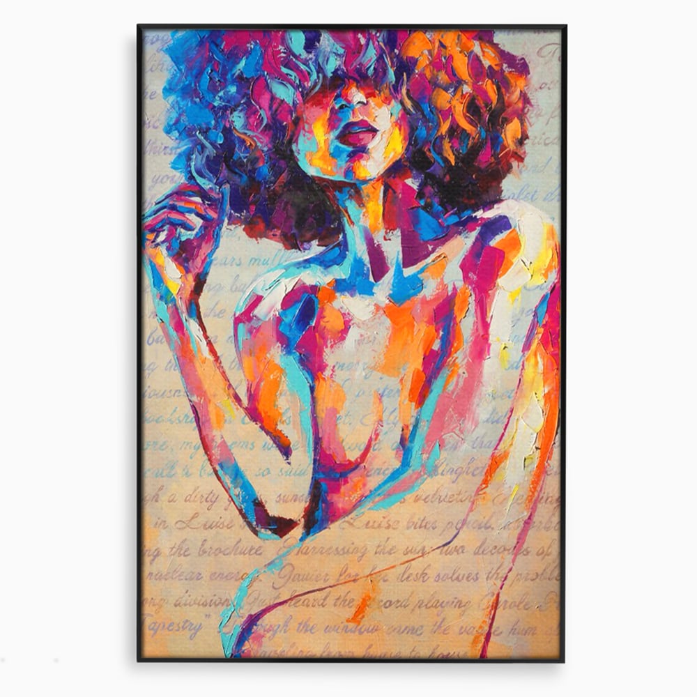Tablou canvas cu tablou canvas cu portret abstract de femeie, in rama de aluminiu negru
